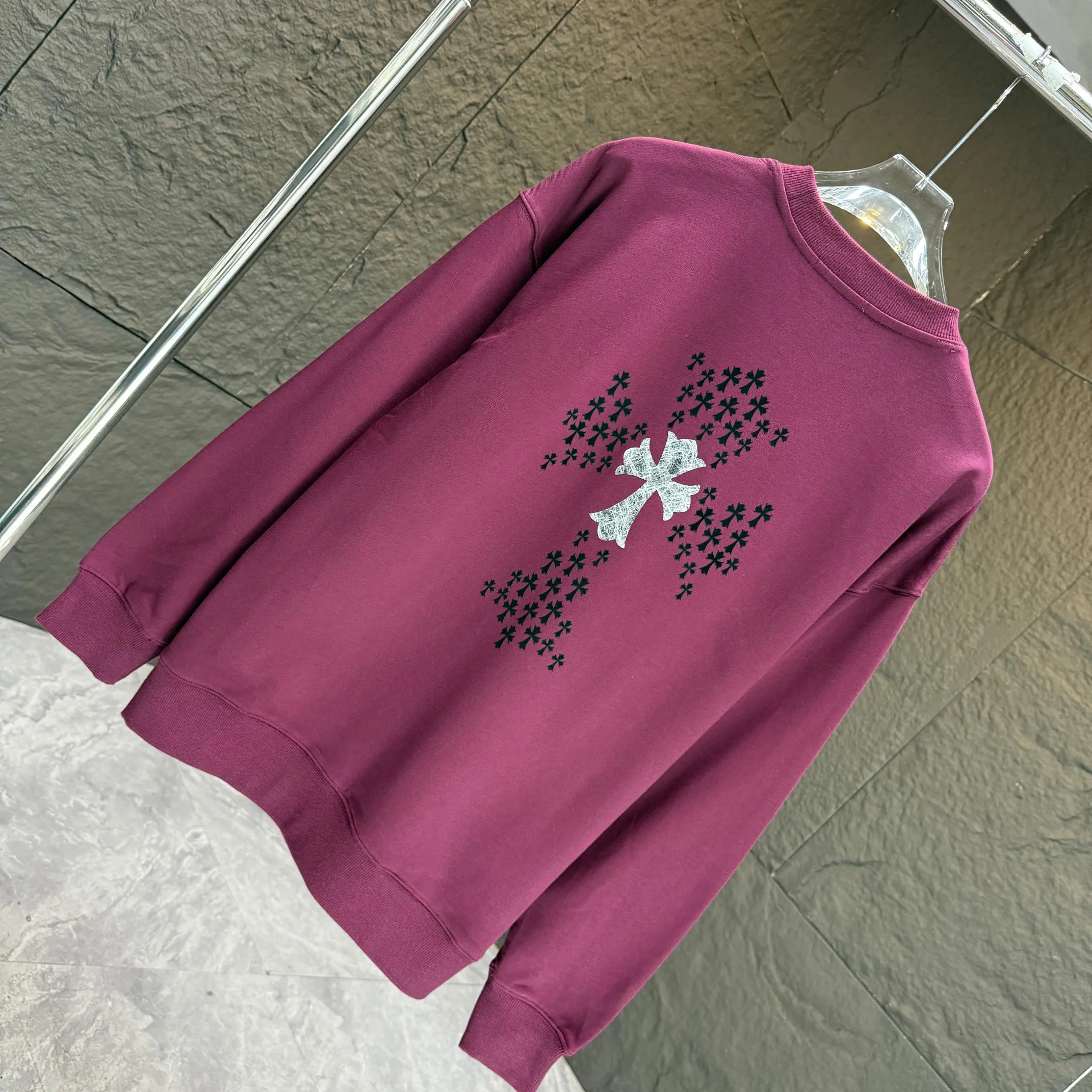 🅿️250 CH* Croixin* 2025 autumn and winter new round neck sweatshirt 400g terry cotton Sanskrit horseshoe logo flocking➕silver wire Color: Black White Gray Purple Size: S M L XL XXL